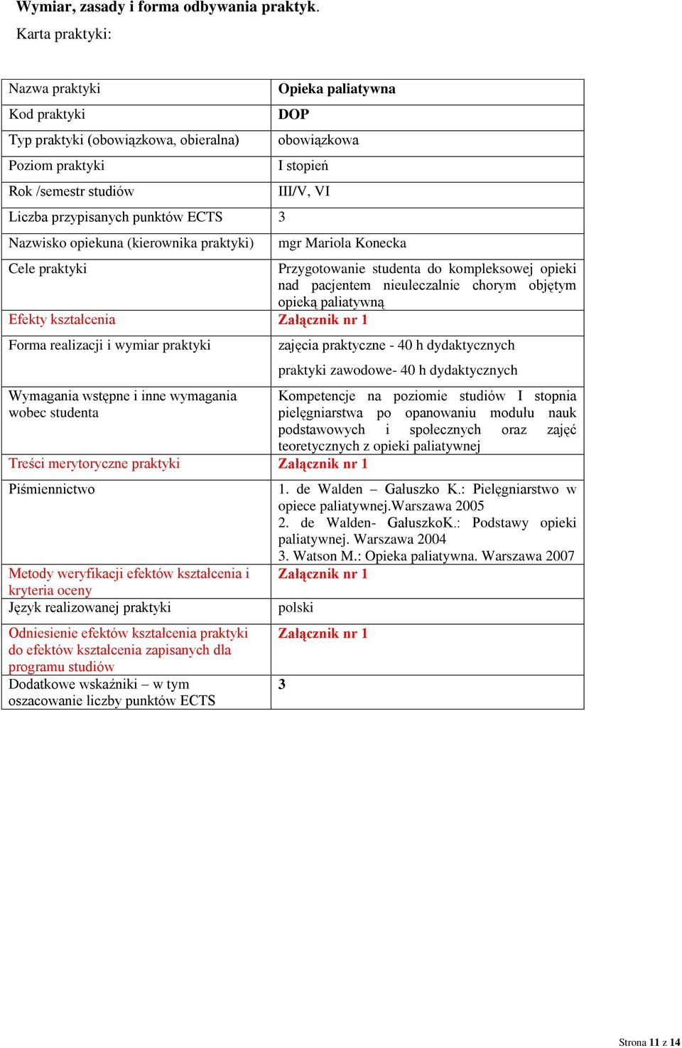 paliatywna DOP obowiązkowa I stopień III/V, VI mgr Mariola Konecka Cele praktyki Przygotowanie studenta do kompleksowej opieki nad pacjentem nieuleczalnie chorym objętym opieką paliatywną Efekty