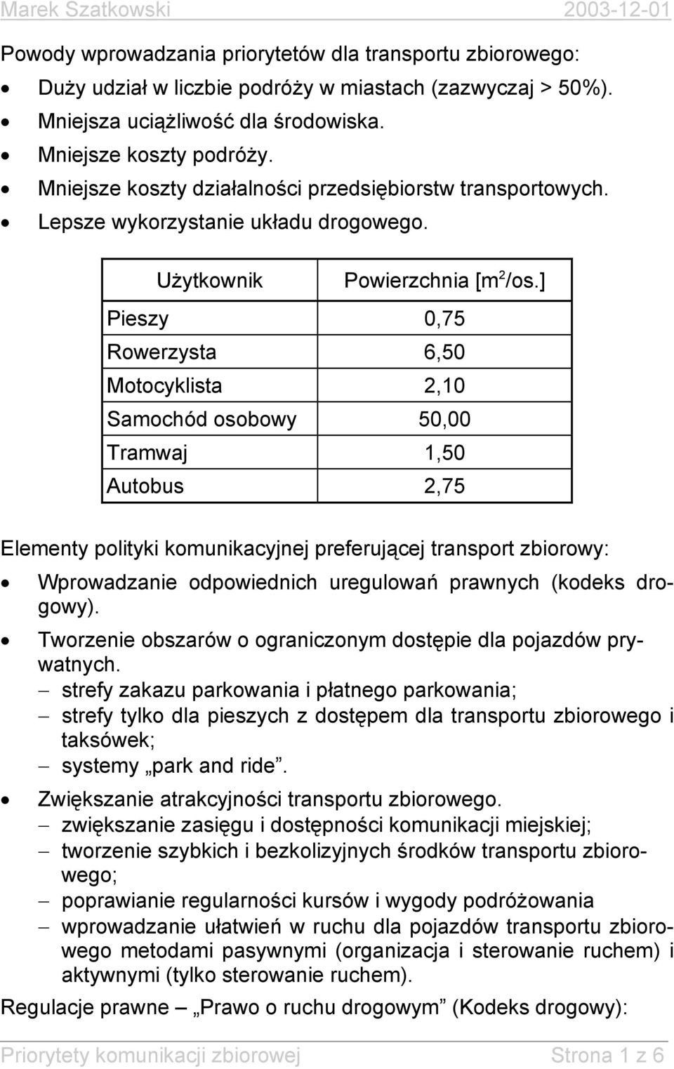 ] Pieszy 0,75 Rowerzysta 6,50 Motocyklista 2,10 Samochód osobowy 50,00 Tramwaj 1,50 Autobus 2,75 Elementy polityki komunikacyjnej preferującej transport zbiorowy: Wprowadzanie odpowiednich uregulowań