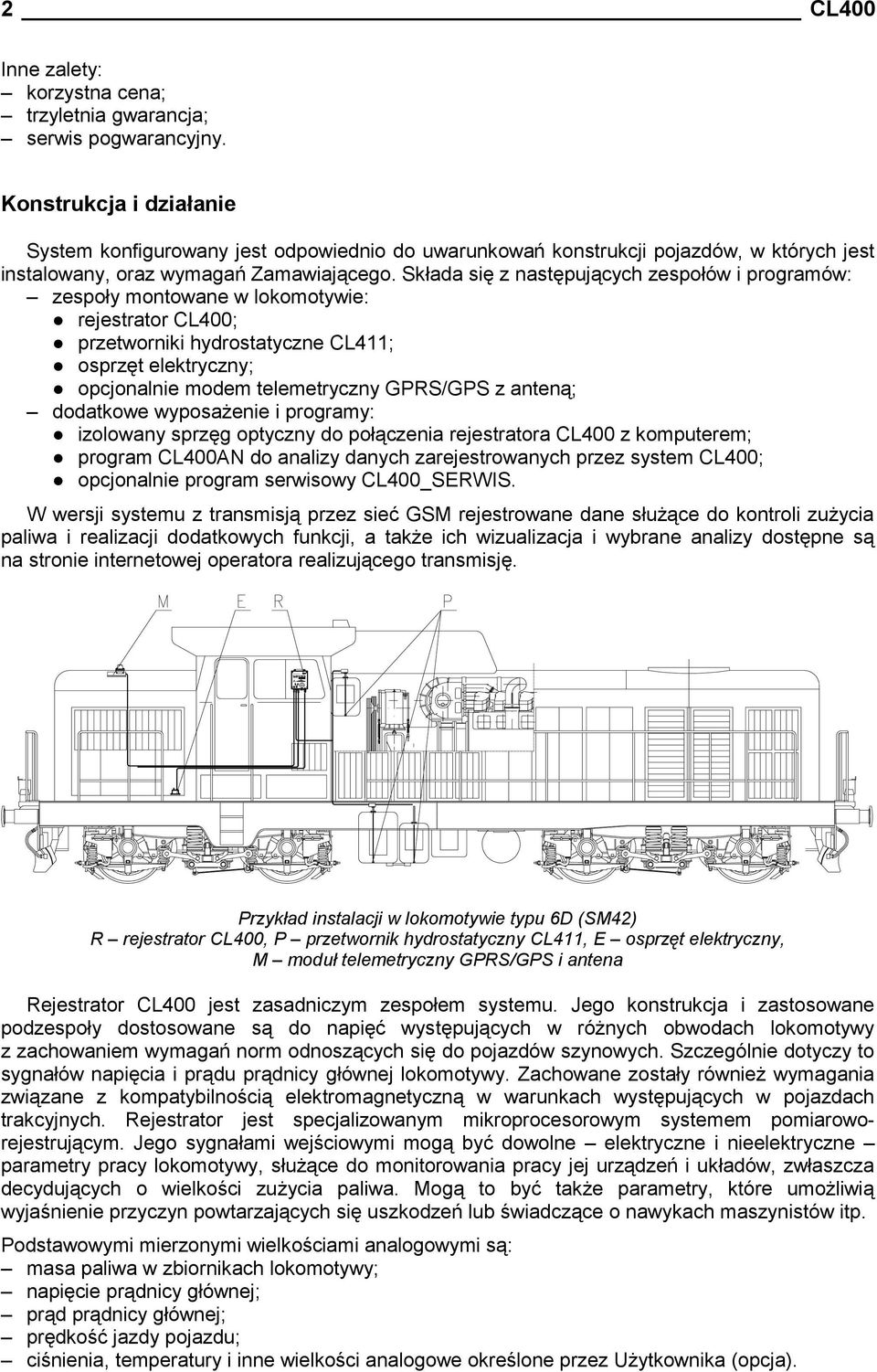 Składa się z następujących zespołów i programów: zespoły montowane w lokomotywie: rejestrator CL400; przetworniki hydrostatyczne CL411; osprzęt elektryczny; opcjonalnie modem telemetryczny GPRS/GPS z