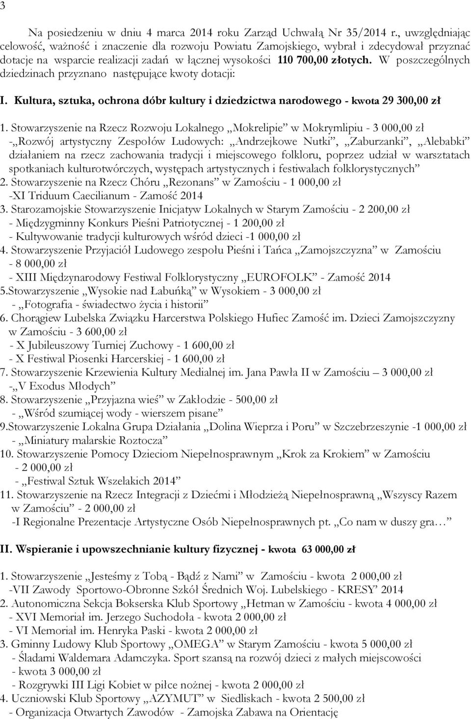 W poszczególnych dziedzinach przyznano następujące kwoty dotacji: I. Kultura, sztuka, ochrona dóbr kultury i dziedzictwa narodowego - kwota 29 300,00 zł 1.