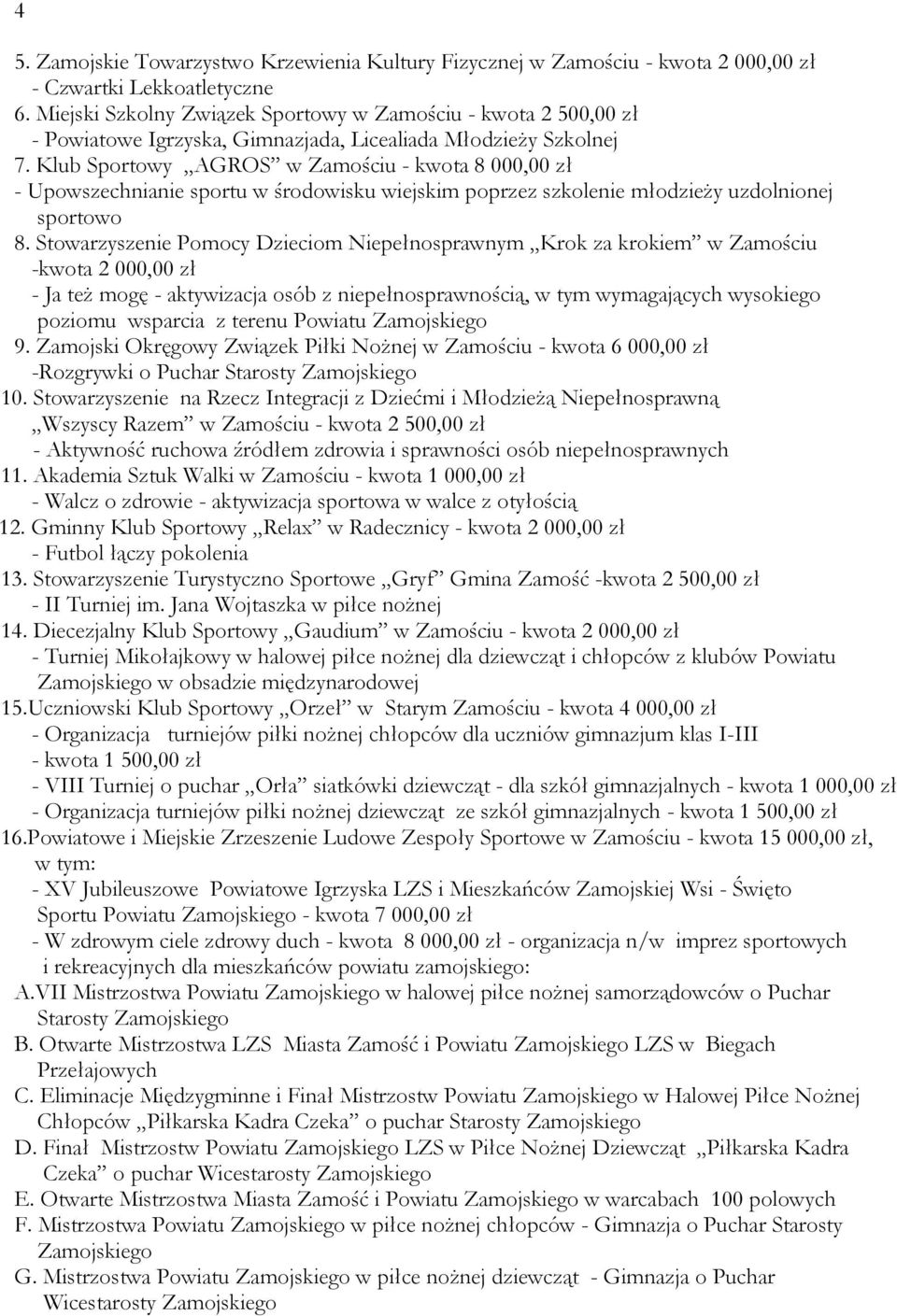 Klub Sportowy AGROS w Zamościu - kwota 8 000,00 zł - Upowszechnianie sportu w środowisku wiejskim poprzez szkolenie młodzieży uzdolnionej sportowo 8.