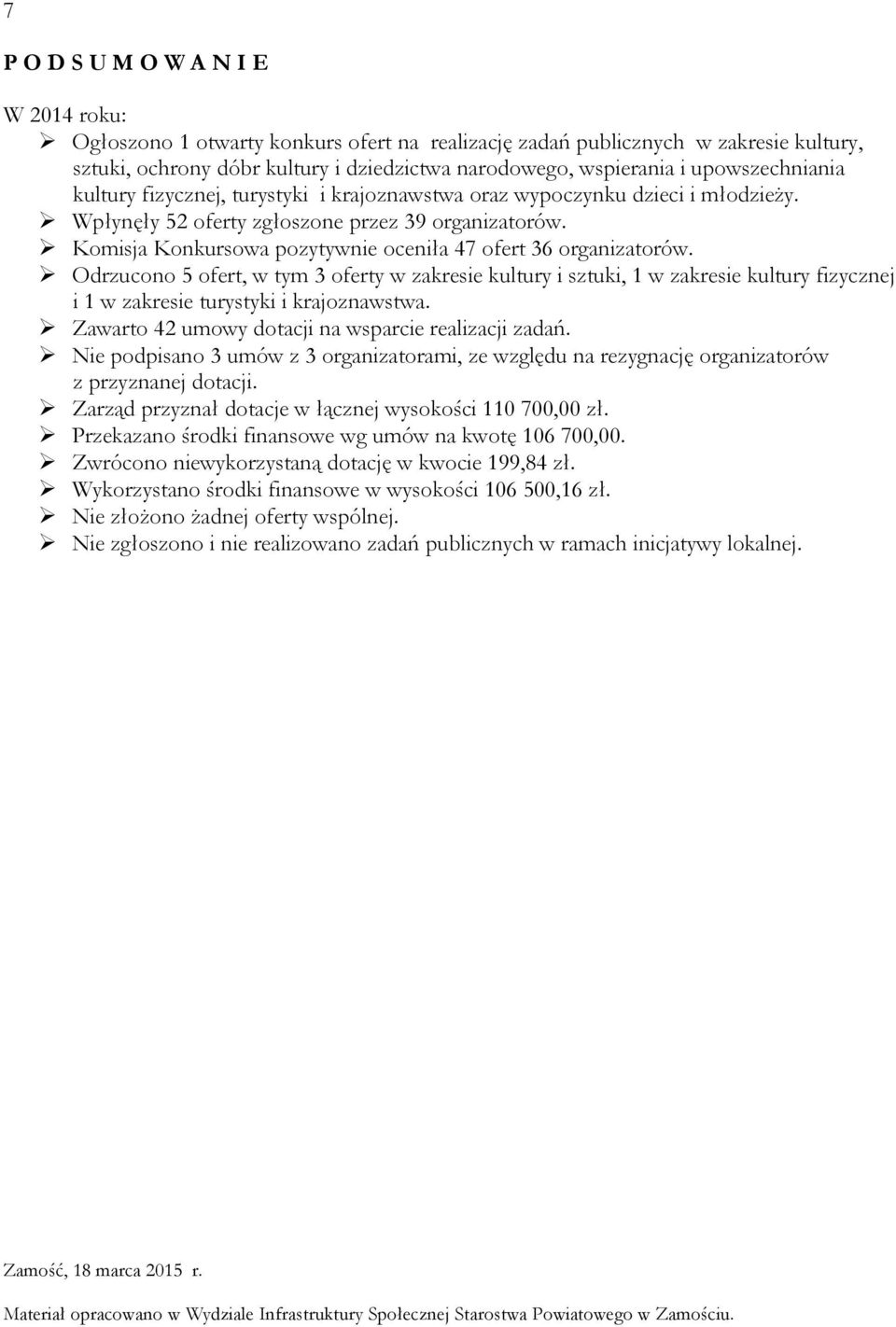 Komisja Konkursowa pozytywnie oceniła 47 ofert 36 organizatorów. Odrzucono 5 ofert, w tym 3 oferty w zakresie kultury i sztuki, 1 w zakresie kultury fizycznej i 1 w zakresie turystyki i krajoznawstwa.