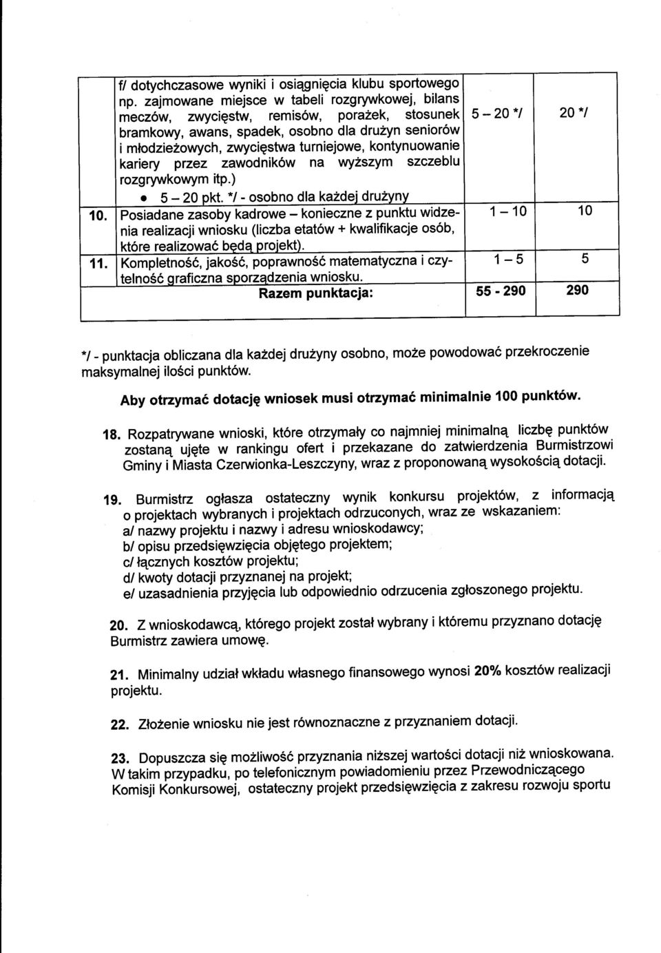 kontynuowanie kariery przez zawodnik6w na wy2szym szczeblu rozgrywkowym itp.). 5-20 pkt. */ - osobno dla kazdej dru2yny 10.