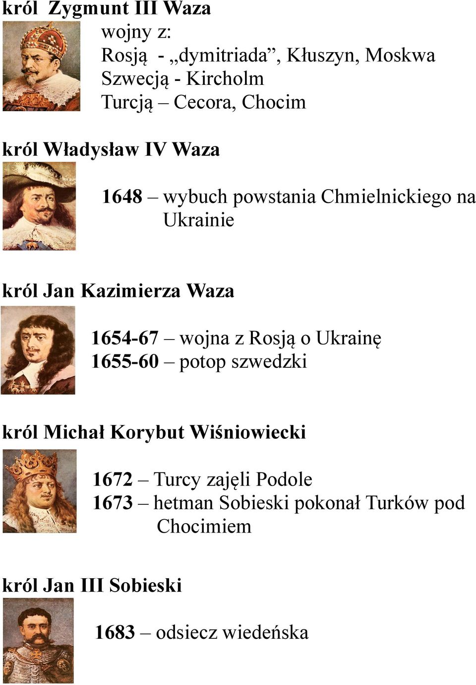 Waza 1654-67 wojna z Rosją o Ukrainę 1655-60 potop szwedzki król Michał Korybut Wiśniowiecki 1672