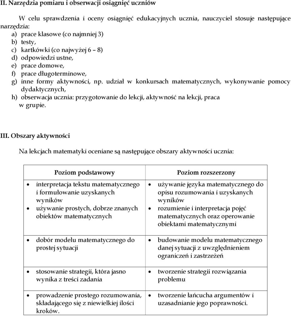 udział w konkursach matematycznych, wykonywanie pomocy dydaktycznych, h) obserwacja ucznia: przygotowanie do lekcji, aktywność na lekcji, praca w grupie. III.