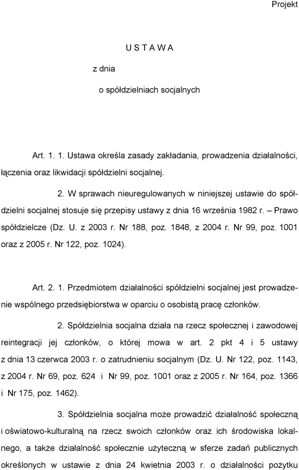 Nr 99, poz. 1001 oraz z 2005 r. Nr 122, poz. 1024). Art. 2. 1. Przedmiotem działalności spółdzielni socjalnej jest prowadzenie wspólnego przedsiębiorstwa w oparciu o osobistą pracę członków. 2. Spółdzielnia socjalna działa na rzecz społecznej i zawodowej reintegracji jej członków, o której mowa w art.
