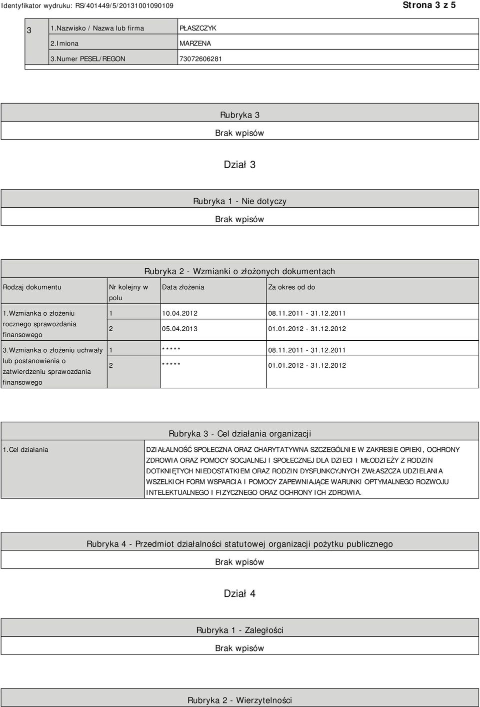 Wzmianka o złożeniu rocznego sprawozdania finansowego 3.Wzmianka o złożeniu uchwały lub postanowienia o zatwierdzeniu sprawozdania finansowego 1 10.04.2012 08.11.2011-31.12.2011 2 05.04.2013 01.01.2012-31.