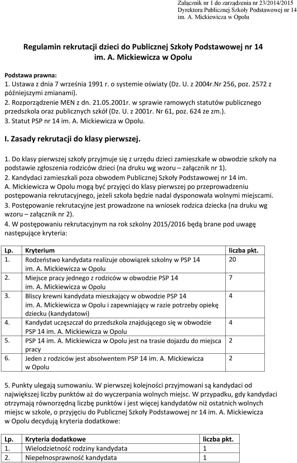 w sprawie ramowych statutów publicznego przedszkola oraz publicznych szkół (Dz. U. z 2001r. Nr 61, poz. 624 ze zm.). 3. Statut PSP nr 14