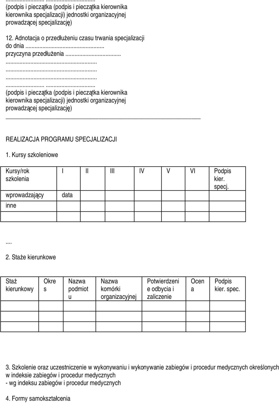 ........ (podpis i pieczątka (podpis i pieczątka kierownika kierownika specjalizacji) jednostki organizacyjnej prowadzącej specjalizację) REALIZACJA PROGRAMU SPECJALIZACJI 1.