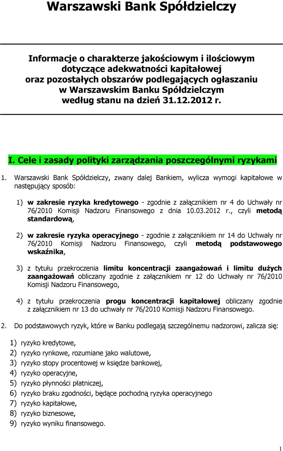 Warszawski Bank Spółdzielczy, zwany dalej Bankiem, wylicza wymogi kapitałowe w następujący sposób: 1) w zakresie ryzyka kredytowego - zgodnie z załącznikiem nr 4 do Uchwały nr 76/21 Komisji Nadzoru