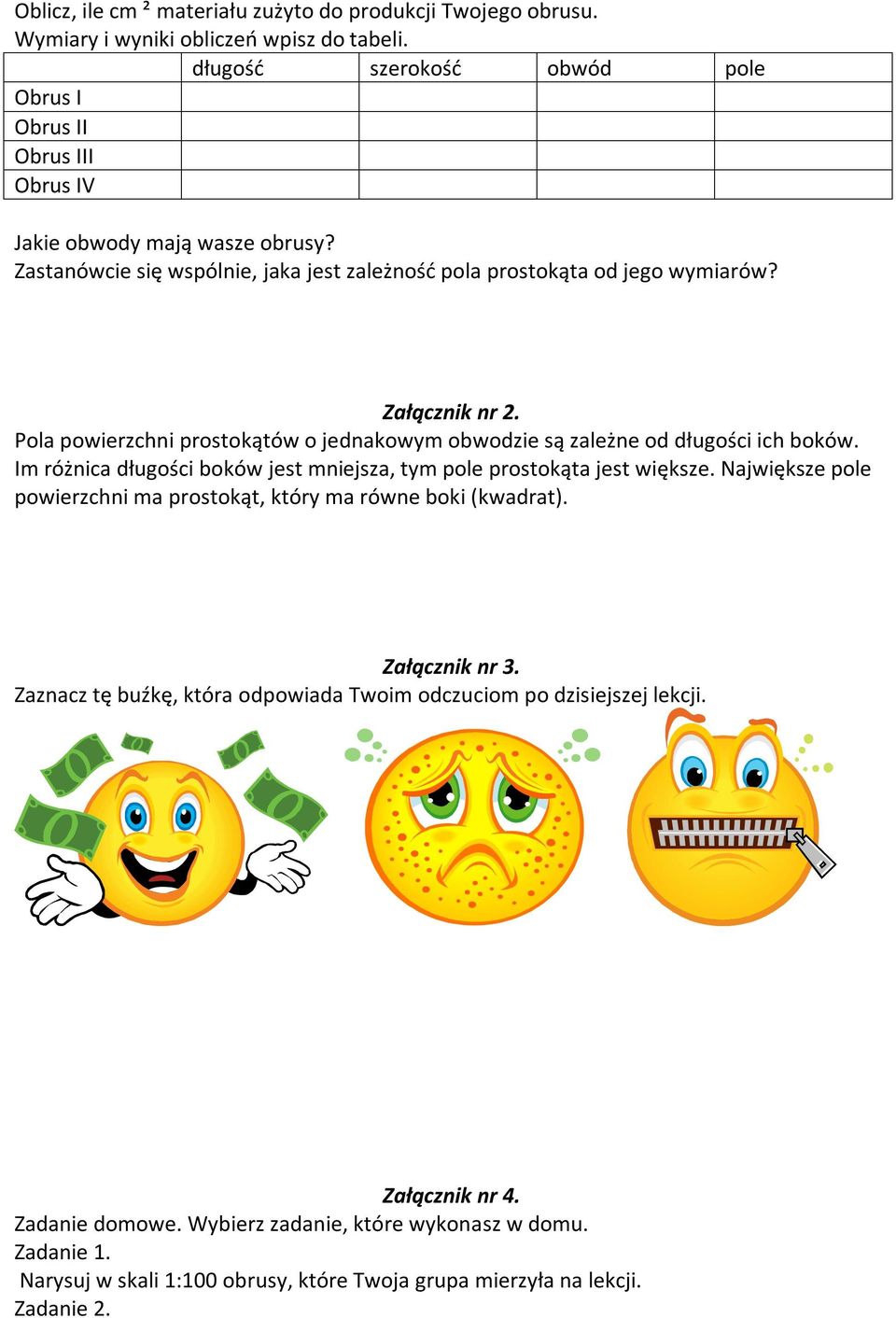 Pola powierzchni prostokątów o jednakowym obwodzie są zależne od długości ich boków. Im różnica długości boków jest mniejsza, tym pole prostokąta jest większe.