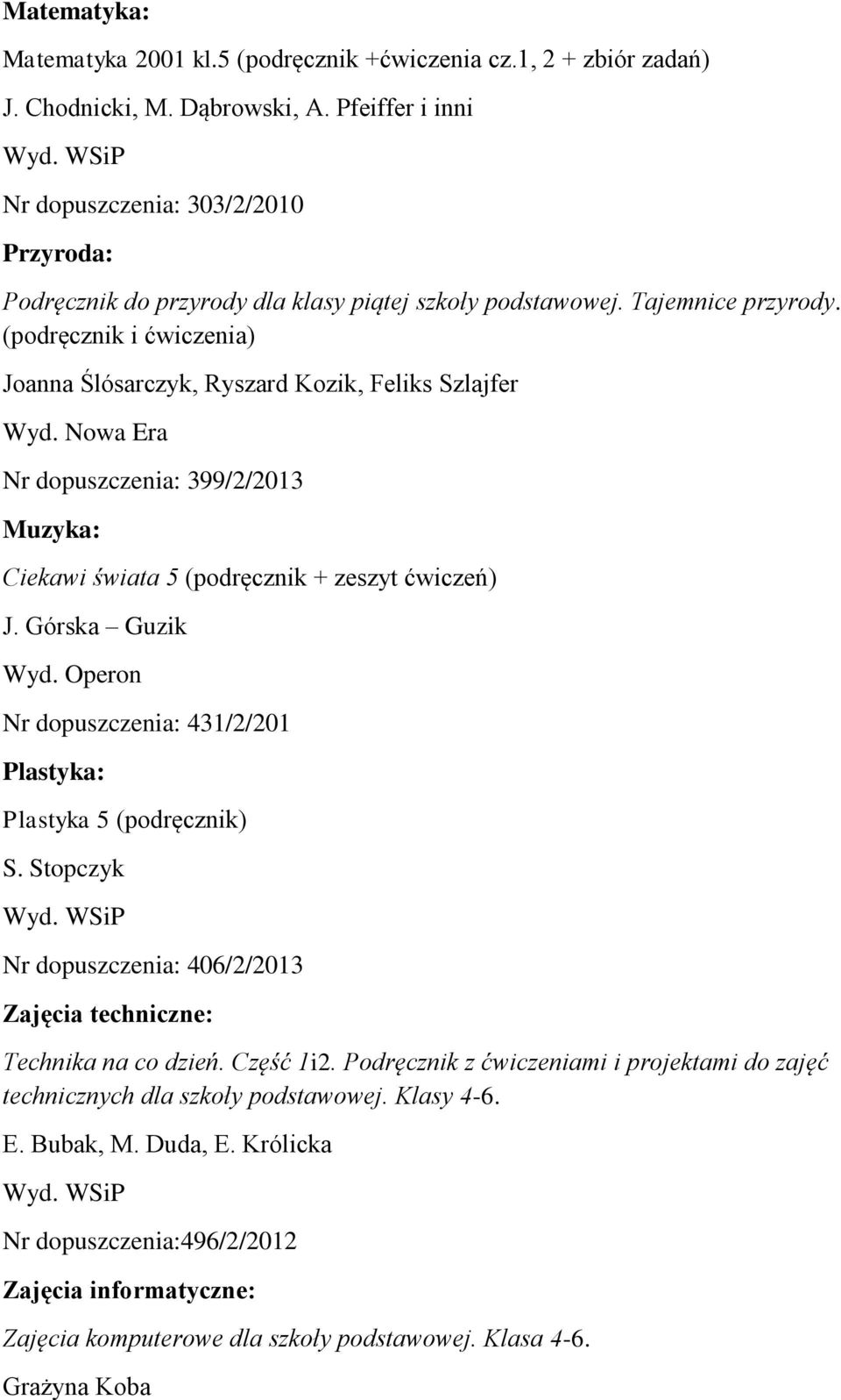 (podręcznik i ćwiczenia) Joanna Ślósarczyk, Ryszard Kozik, Feliks Szlajfer Nr dopuszczenia: 399/2/2013 Muzyka: Ciekawi świata 5 (podręcznik + zeszyt ćwiczeń) J. Górska Guzik Wyd.