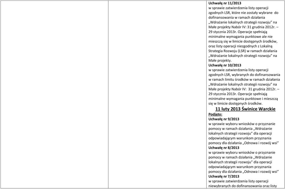 Uchwałę nr 10/2013 zgodnych LSR, wybranych do dofinansowania w ramach limitu środków w ramach działania Małe projekty Nabór IV: 31 grudnia 2012r. 29 stycznia 2013r.