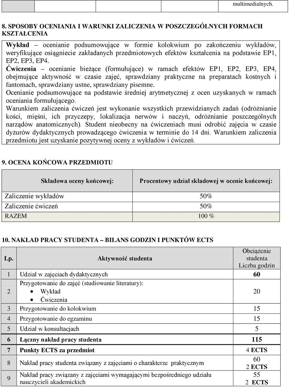 efektów kształcenia na podstawie EP1, EP, EP3,.