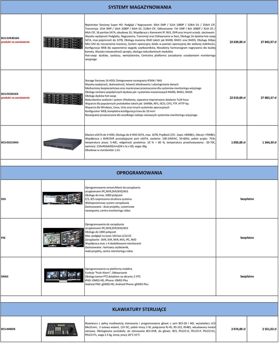 sieciowymi Wysoka wydajność Podgladu, Nagrywania, Transmisji oraz Odtwarzania w Sieci, Obsługa 16 dysków hot-swap SATA, max pojemność do 32TB, Obsługa macierzy RAID takich jak RAID0, RAID1 oraz