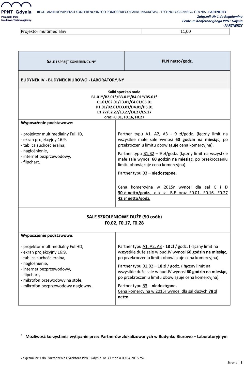 (łączny limit na wszystkie małe sale wynosi 60 godzin na miesiąc, po przekroczeniu limitu obowiązuje cena komercyjna). Partner typu B1,B2 9 zł/godz.