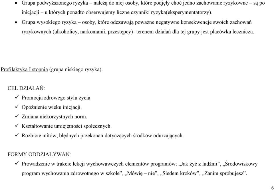 Profilaktyka I stopnia (grupa niskiego ryzyka). CEL DZIAŁAŃ: Promocja zdrowego stylu życia. Opóźnienie wieku inicjacji. Zmiana niekorzystnych norm. Kształtowanie umiejętności społecznych.