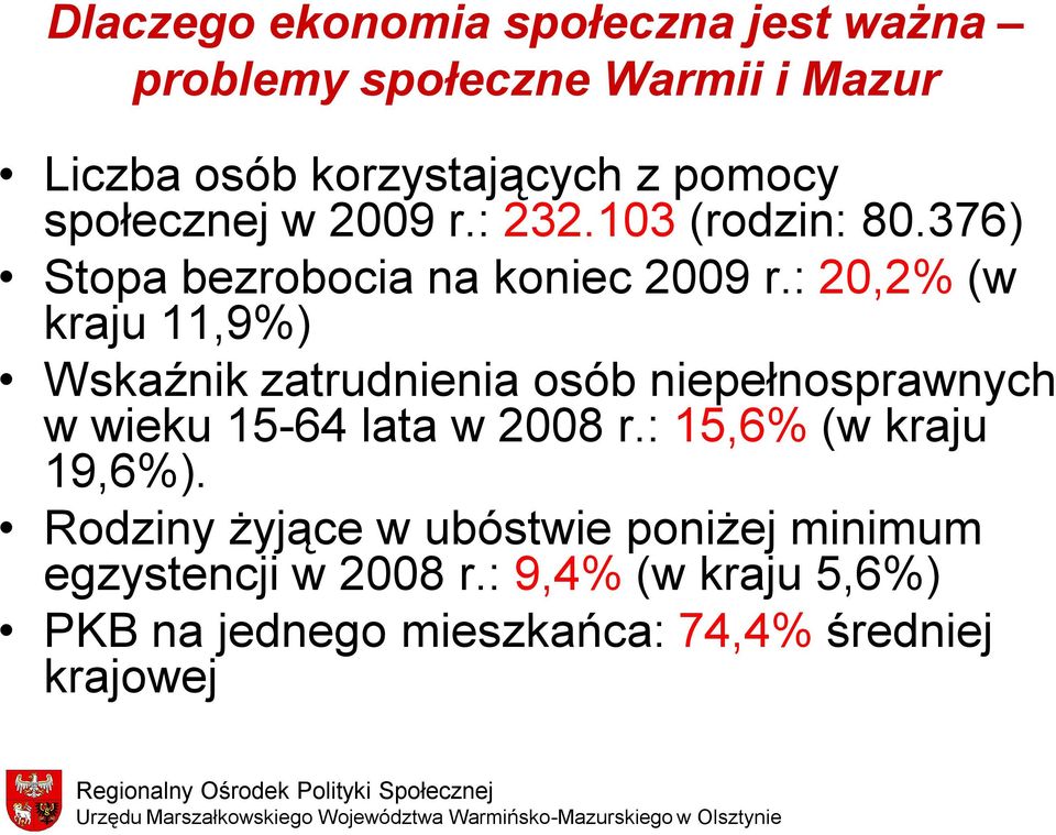 : 20,2% (w kraju 11,9%) Wskaźnik zatrudnienia osób niepełnosprawnych w wieku 15-64 lata w 2008 r.