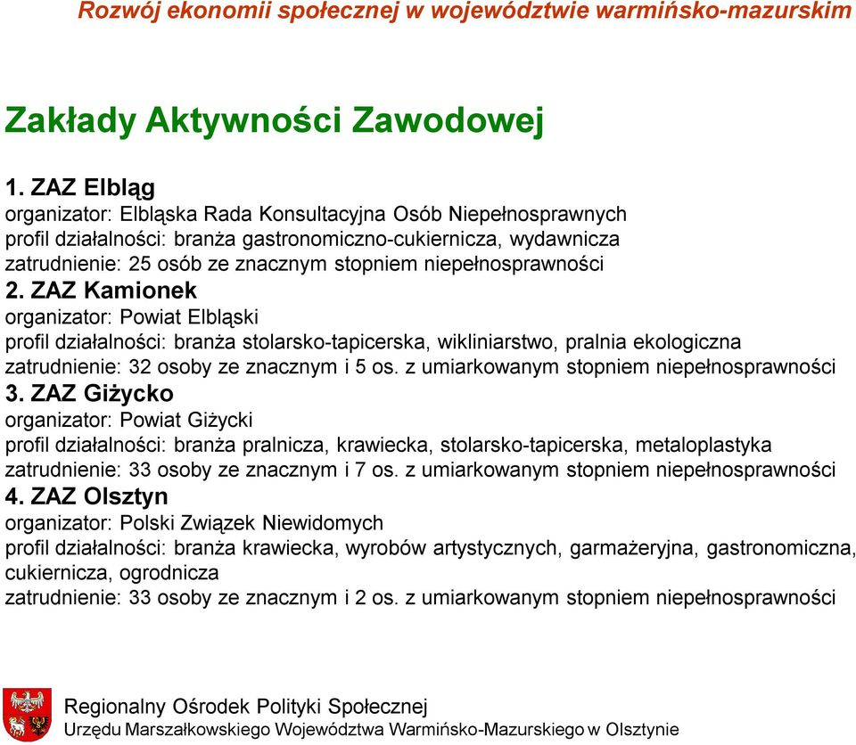 niepełnosprawności 2. ZAZ Kamionek organizator: Powiat Elbląski profil działalności: branża stolarsko-tapicerska, wikliniarstwo, pralnia ekologiczna zatrudnienie: 32 osoby ze znacznym i 5 os.