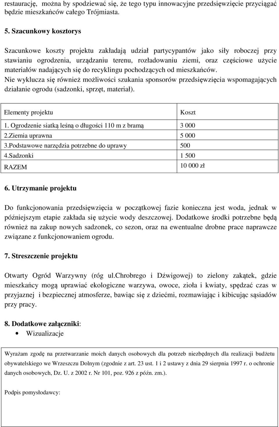 nadających się do recyklingu pochodzących od mieszkańców. Nie wyklucza się również możliwości szukania sponsorów przedsięwzięcia wspomagających działanie ogrodu (sadzonki, sprzęt, materiał).