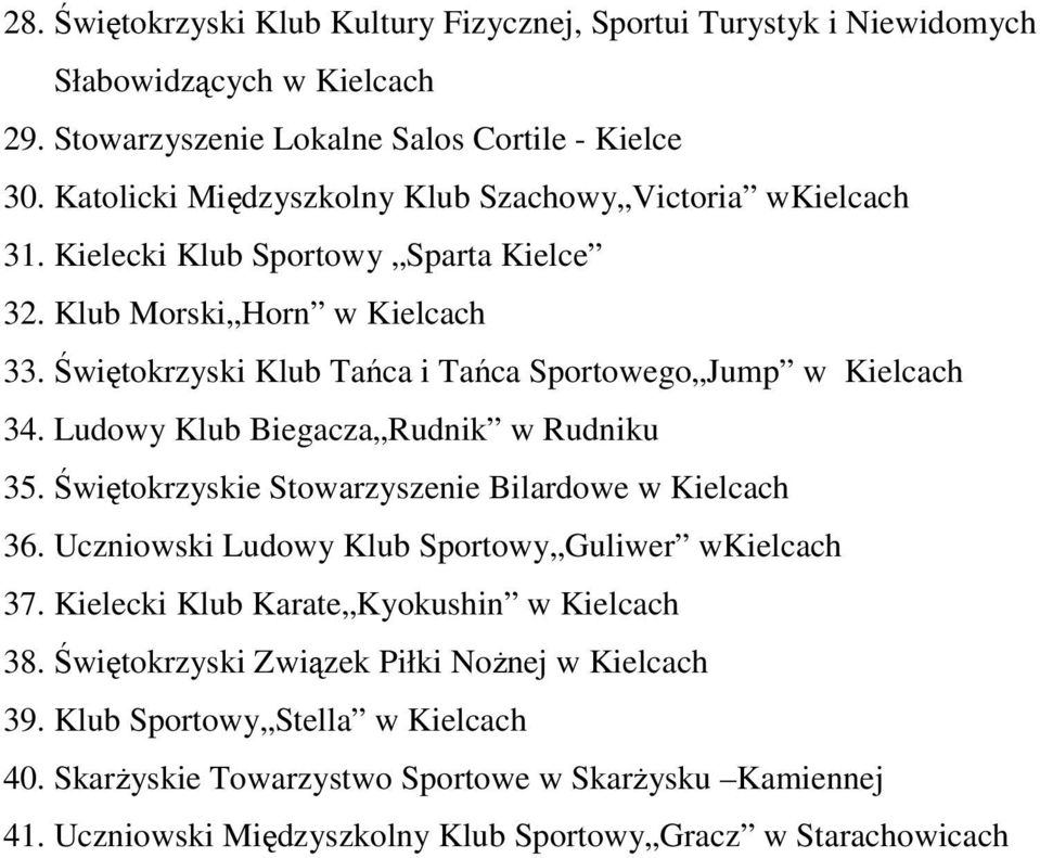 Świętokrzyski Klub Tańca i Tańca Sportowego Jump w Kielcach 34. Ludowy Klub Biegacza Rudnik w Rudniku 35. Świętokrzyskie Stowarzyszenie Bilardowe w Kielcach 36.