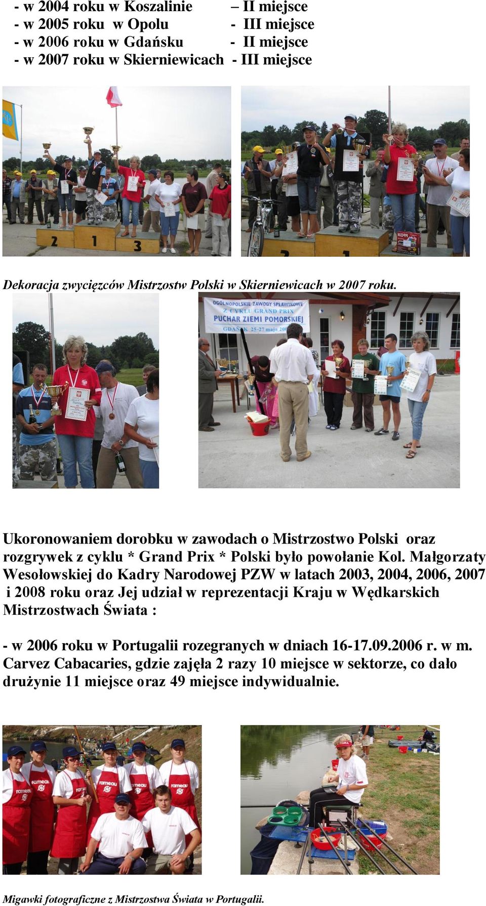 Małgorzaty Wesołowskiej do Kadry Narodowej PZW w latach 2003, 2004, 2006, 2007 i 2008 roku oraz Jej udział w reprezentacji Kraju w Wędkarskich Mistrzostwach Świata : - w 2006 roku w