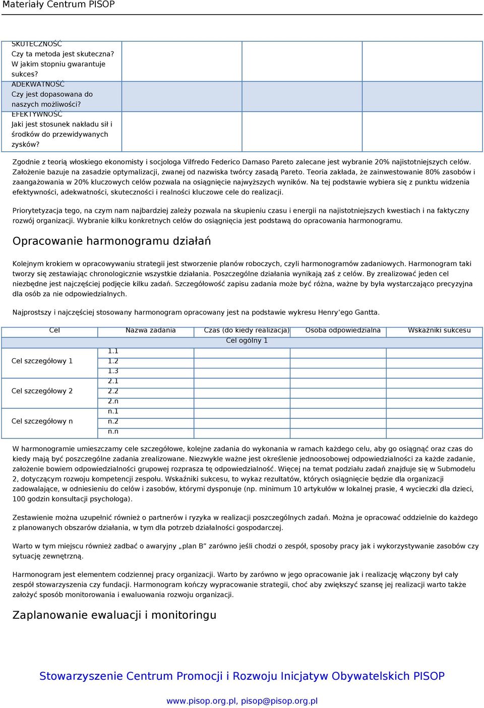 Zgodnie z teorią włoskiego ekonomisty i socjologa Vilfredo Federico Damaso Pareto zalecane jest wybranie 20% najistotniejszych celów.