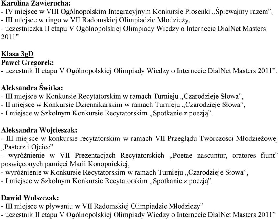 Aleksandra Świtka: - III miejsce w Konkursie Recytatorskim w ramach Turnieju Czarodzieje Słowa, - II miejsce w Konkursie Dziennikarskim w ramach Turnieju Czarodzieje Słowa, - I miejsce w Szkolnym