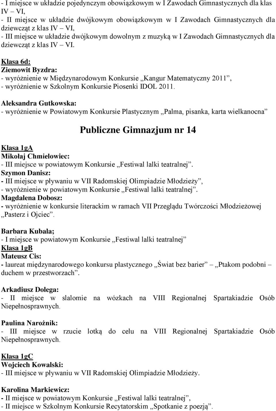 Klasa 6d: Ziemowit Byzdra: - wyróżnienie w Międzynarodowym Konkursie Kangur Matematyczny 2011, - wyróżnienie w Szkolnym Konkursie Piosenki IDOL 2011.
