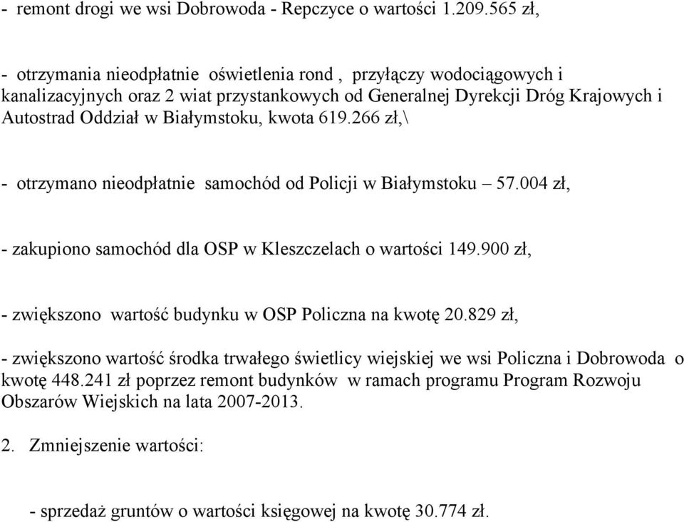 Białymstoku, kwota 619.266 zł,\ - otrzymano nieodpłatnie samochód od Policji w Białymstoku 57.004 zł, - zakupiono samochód dla OSP w Kleszczelach o wartości 149.