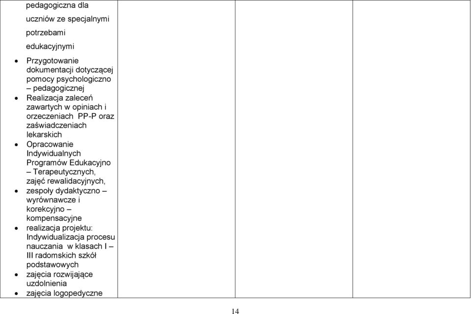 Programów Edukacyjno Terapeutycznych, zajęć rewalidacyjnych, zespoły dydaktyczno wyrównawcze i korekcyjno kompensacyjne realizacja