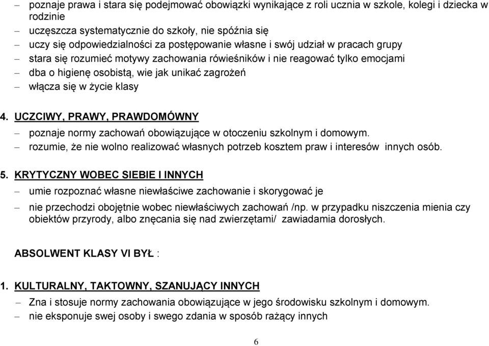klasy 4. UCZCIWY, PRAWY, PRAWDOMÓWNY poznaje normy zachowań obowiązujące w otoczeniu szkolnym i domowym. rozumie, że nie wolno realizować własnych potrzeb kosztem praw i interesów innych osób. 5.