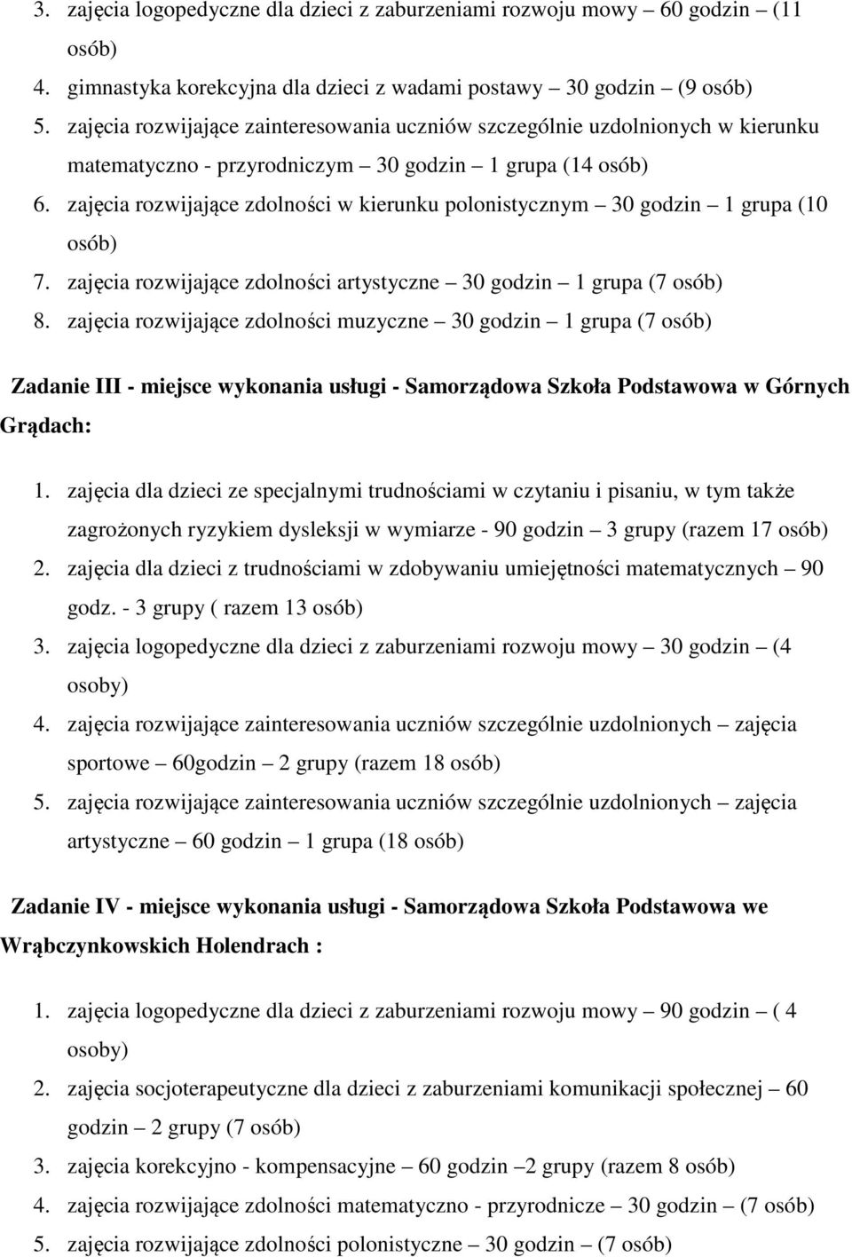 zajęcia rzwijające zdlnści w kierunku plnistycznym 30 gdzin 1 grupa (10 sób) 7. zajęcia rzwijające zdlnści artystyczne 30 gdzin 1 grupa (7 sób) 8.