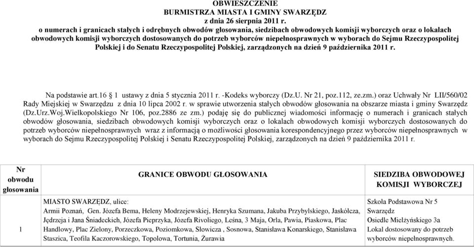niepełnosprawnych w wyborach do Sejmu Rzeczypospolitej Polskiej i do Senatu Rzeczypospolitej Polskiej, zarządzonych na dzień 9 października 2011 r. Na podstawie art.