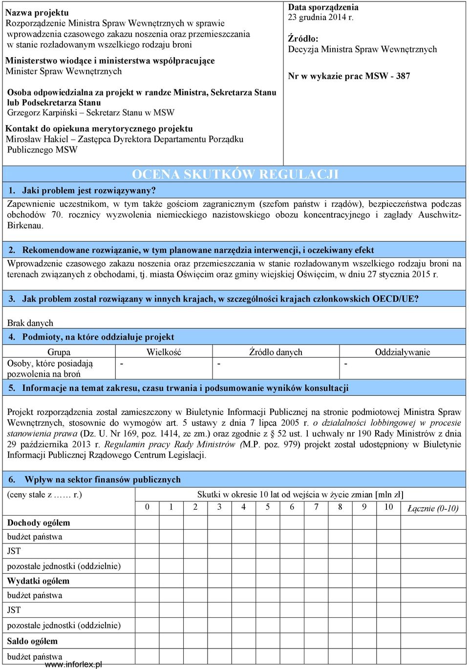 opiekuna merytorycznego projektu Mirosław Hakiel Zastępca Dyrektora Departamentu Porządku Publicznego MSW Data sporządzenia 23 grudnia 2014 r.