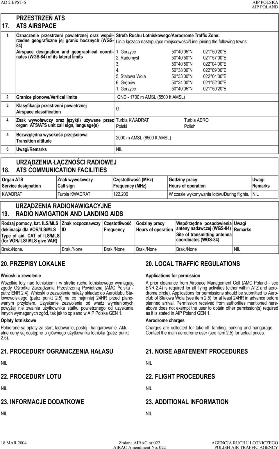 following towns: 84) Airspace designation and geographical coordinates 1. Gorzyce 50 40 05 N 021 50 20 E (WGS84) of its lateral limits 2. Radomyśl 50 40 50 N 021 57 00 E 3. 50 40 50 N 022 04 00 E 4.