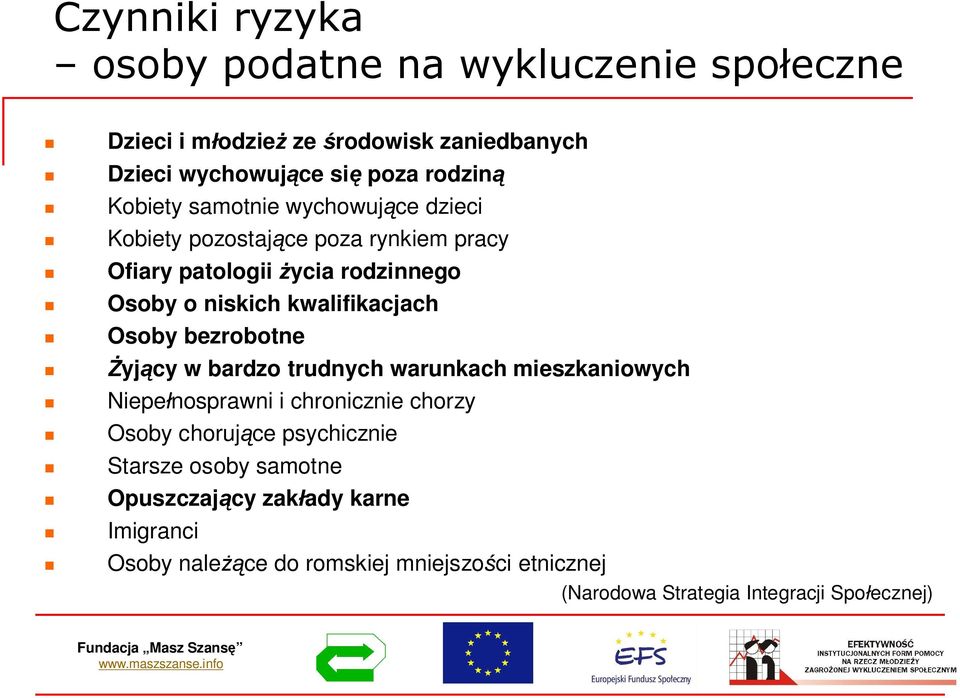 bezrobotne yjcy w bardzo trudnych warunkach mieszkaniowych Niepenosprawni i chronicznie chorzy Osoby chorujce psychicznie Starsze osoby