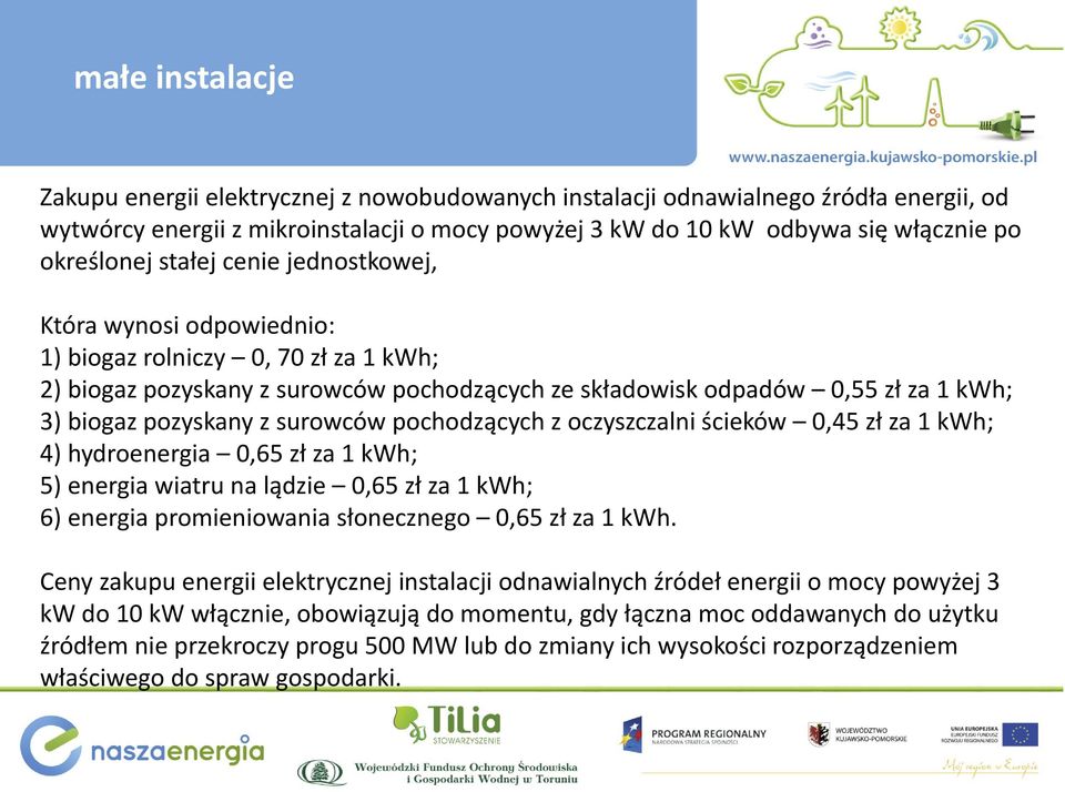 pozyskany z surowców pochodzących z oczyszczalni ścieków 0,45 zł za 1 kwh; 4) hydroenergia 0,65 zł za 1 kwh; 5) energia wiatru na lądzie 0,65 zł za 1 kwh; 6) energia promieniowania słonecznego 0,65