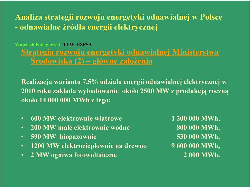 2010 roku zakłada wybudowanie około 2500 MW z produkcją roczną około 14 000 000 MWh z tego: 600 MW elektrownie wiatrowe 1 200 000 MWh, 200 MW