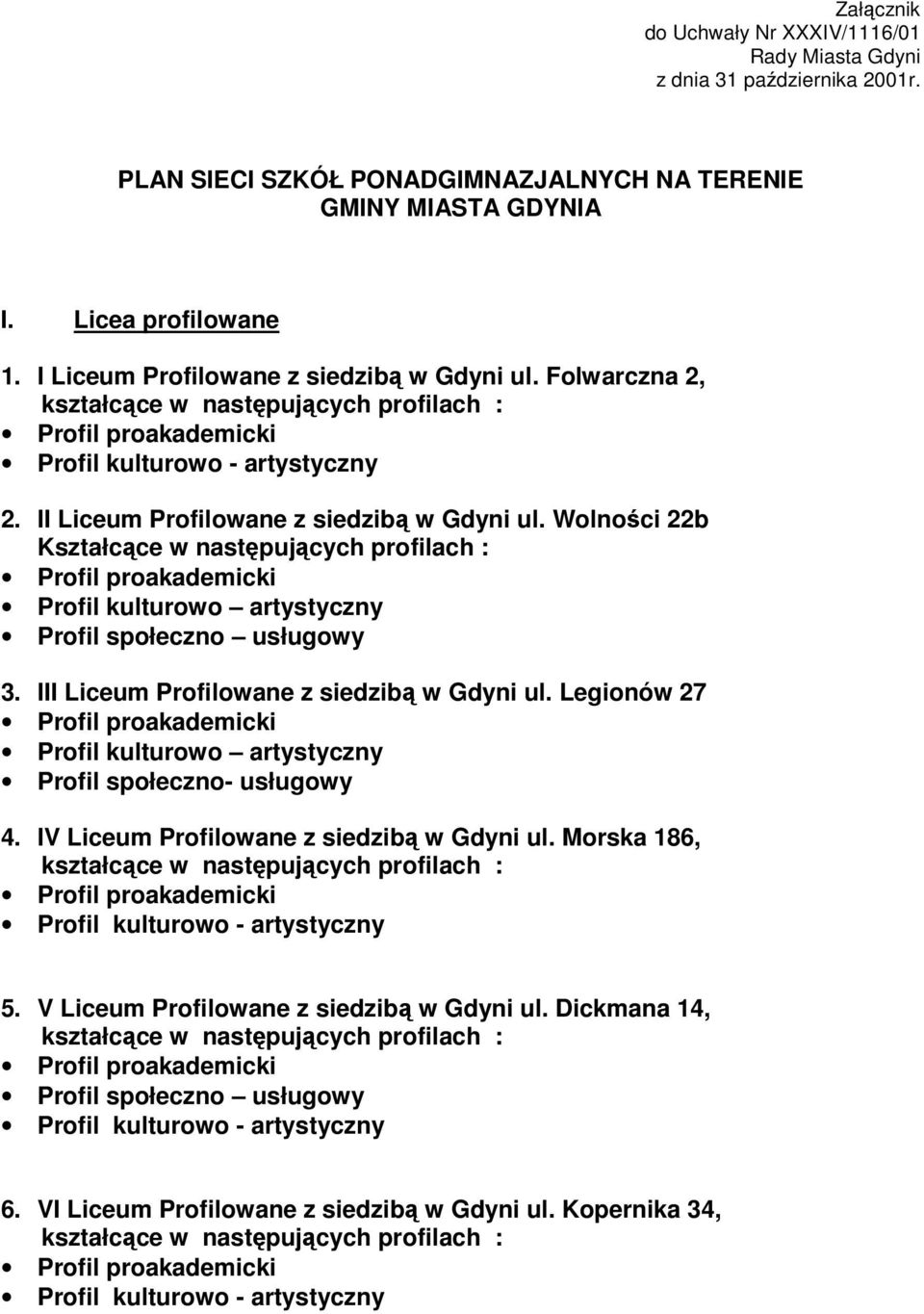 Wolności 22b Kształcące w następujących profilach : Profil kulturowo artystyczny 3. III Liceum Profilowane z siedzibą w Gdyni ul.