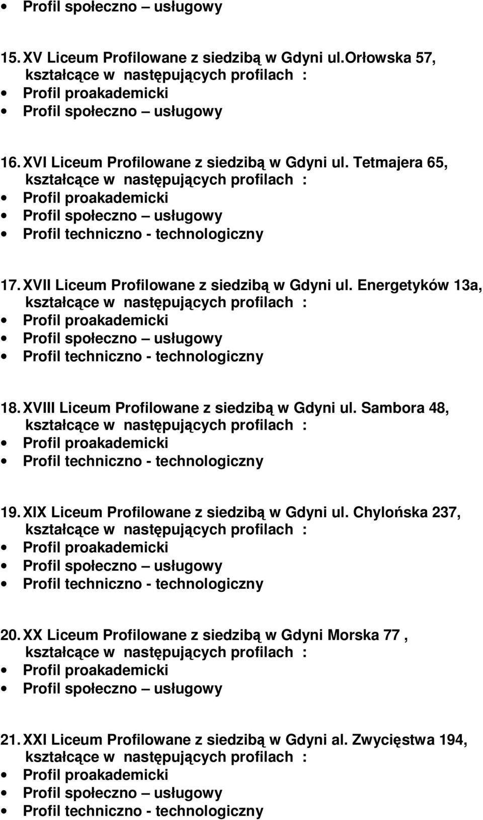 XVIII Liceum Profilowane z siedzibą w Gdyni ul. Sambora 48, 19. XIX Liceum Profilowane z siedzibą w Gdyni ul.