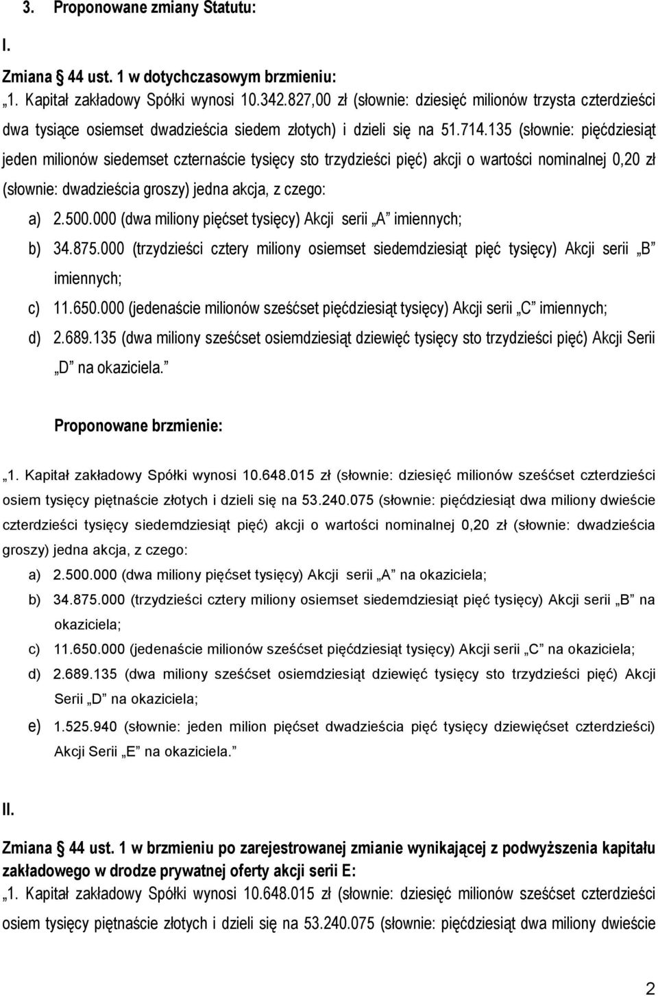 135 (słownie: pięćdziesiąt jeden milionów siedemset czternaście tysięcy sto trzydzieści pięć) akcji o wartości nominalnej 0,20 zł (słownie: dwadzieścia groszy) jedna akcja, z czego: a) 2.500.