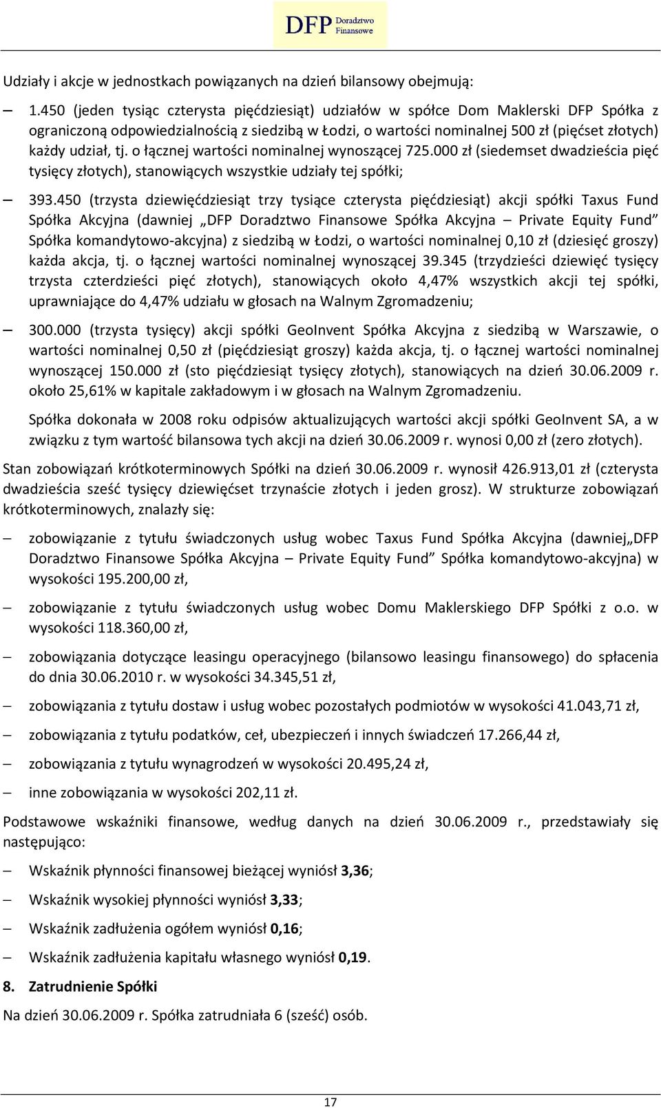 tj. o łącznej wartości nominalnej wynoszącej 725.000 zł (siedemset dwadzieścia pięć tysięcy złotych), stanowiących wszystkie udziały tej spółki; 393.