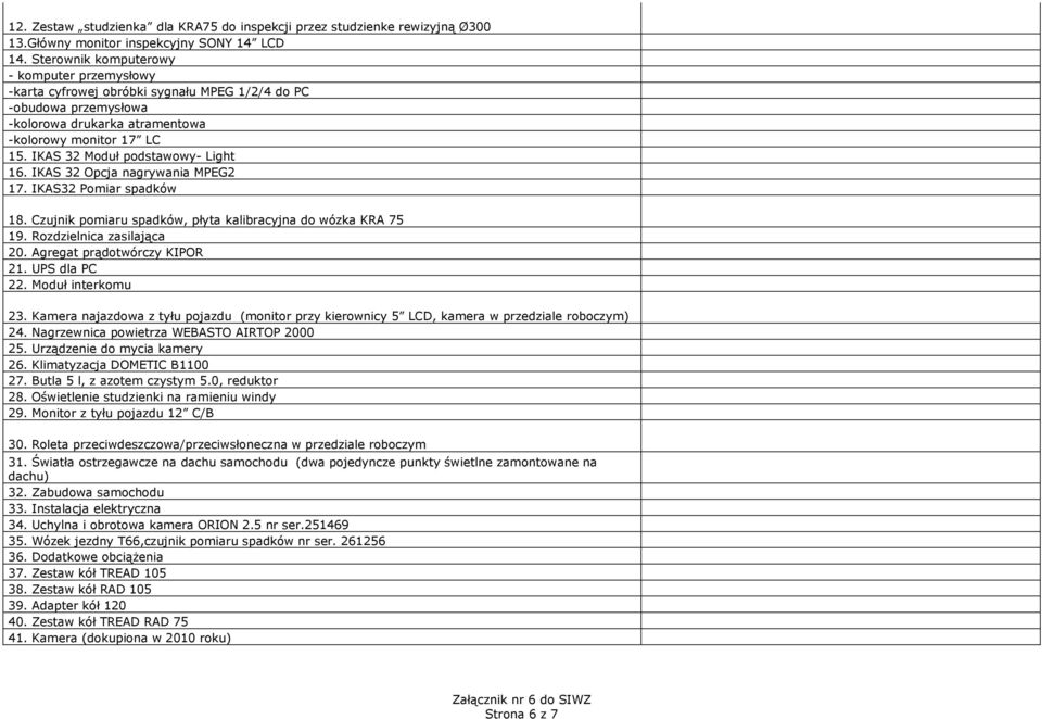 IKAS 32 Moduł podstawowy- Light 16. IKAS 32 Opcja nagrywania MPEG2 17. IKAS32 Pomiar spadków 18. Czujnik pomiaru spadków, płyta kalibracyjna do wózka KRA 75 19. Rozdzielnica zasilająca 20.