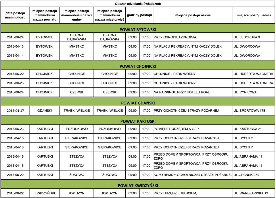 DWORCOWA POWIAT CHOJNICKI 2015-06-22 CHOJNICKI CHOJNICE CHOJNICE 09:00 17:00 CHOJNICE - PARK WODNY UL. HUBERTA WAGNERA 2015-06-23 CHOJNICKI CHOJNICE CHOJNICE 09:00 17:00 CHOJNICE - PARK WODNY UL.