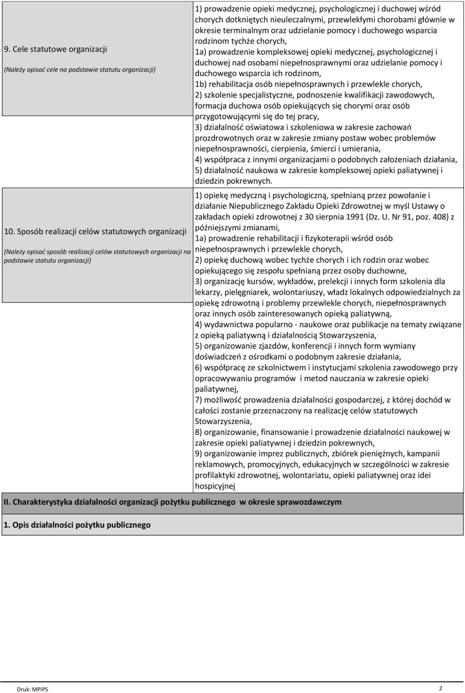 duchowej wśród chorych dotkniętych nieuleczalnymi, przewlekłymi chorobami głównie w okresie terminalnym oraz udzielanie pomocy i duchowego wsparcia rodzinom tychże chorych, 1a) prowadzenie