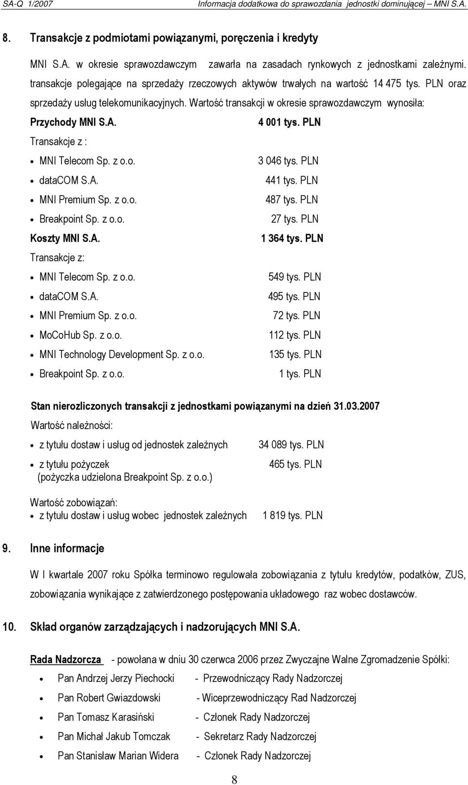 Wartość transakcji w okresie sprawozdawczym wynosiła: Przychody MNI S.A. 4 001 tys. PLN Transakcje z : MNI Telecom Sp. z o.o. 3 046 tys. PLN datacom S.A. 441 tys. PLN MNI Premium Sp. z o.o. 487 tys.