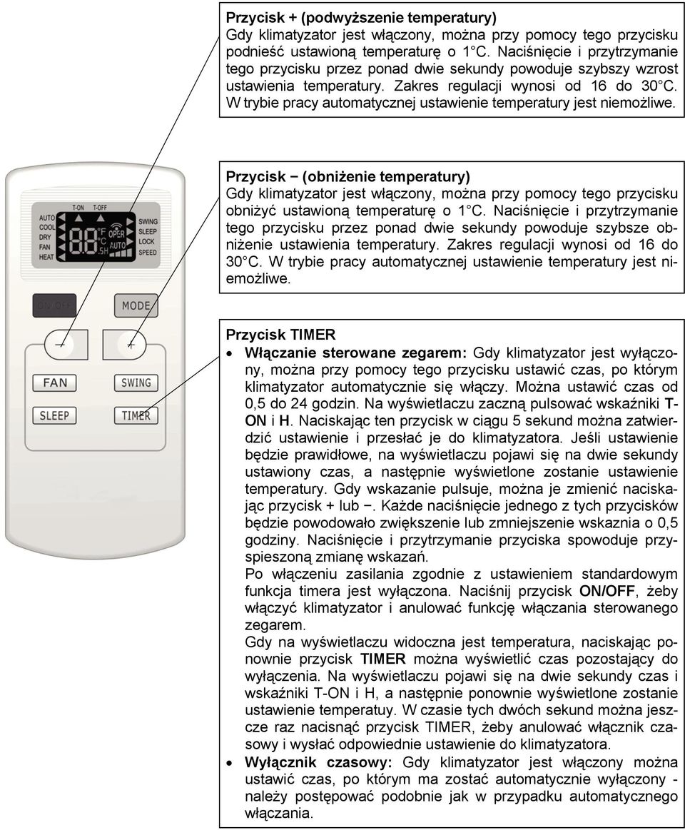 W trybie pracy automatycznej ustawienie temperatury jest niemoliwe. Przycisk (obnienie temperatury) Gdy klimatyzator jest wczony, mona przy pomocy tego przycisku obniy ustawion temperatur o 1 C.