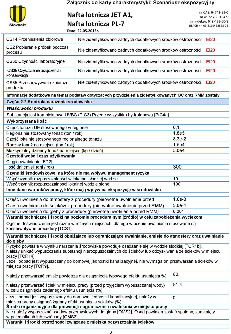 2 Kontrola narażenia środowiska Właściwości produktu Substancja jest kompleksową UVBC (PrC3) Przede wszystkim hydrofobowa [PrC4a] Wykorzystana ilość Część tonażu UE stosowanego w regionie 0,1.