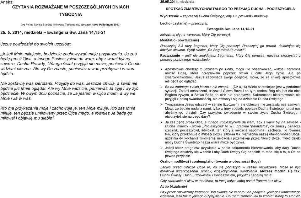 Ja zaś będę prosił Ojca, a innego Pocieszyciela da wam, aby z wami był na zawsze, Ducha Prawdy, którego świat przyjąć nie może, ponieważ Go nie widziani nie zna.